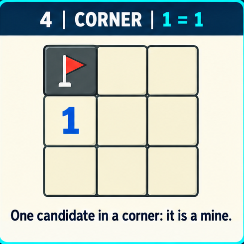 Minesweeper corner pattern: one clue has one remaining candidate