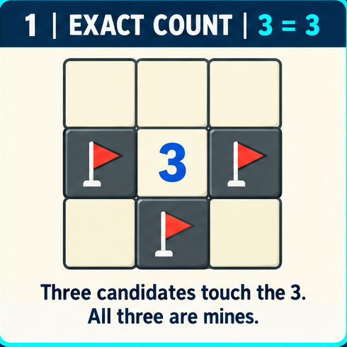 Minesweeper exact-count pattern: a 3 touches exactly three mine candidates
