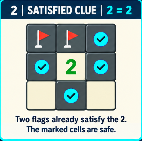 Minesweeper satisfied-clue pattern: a 2 already has two flagged mines